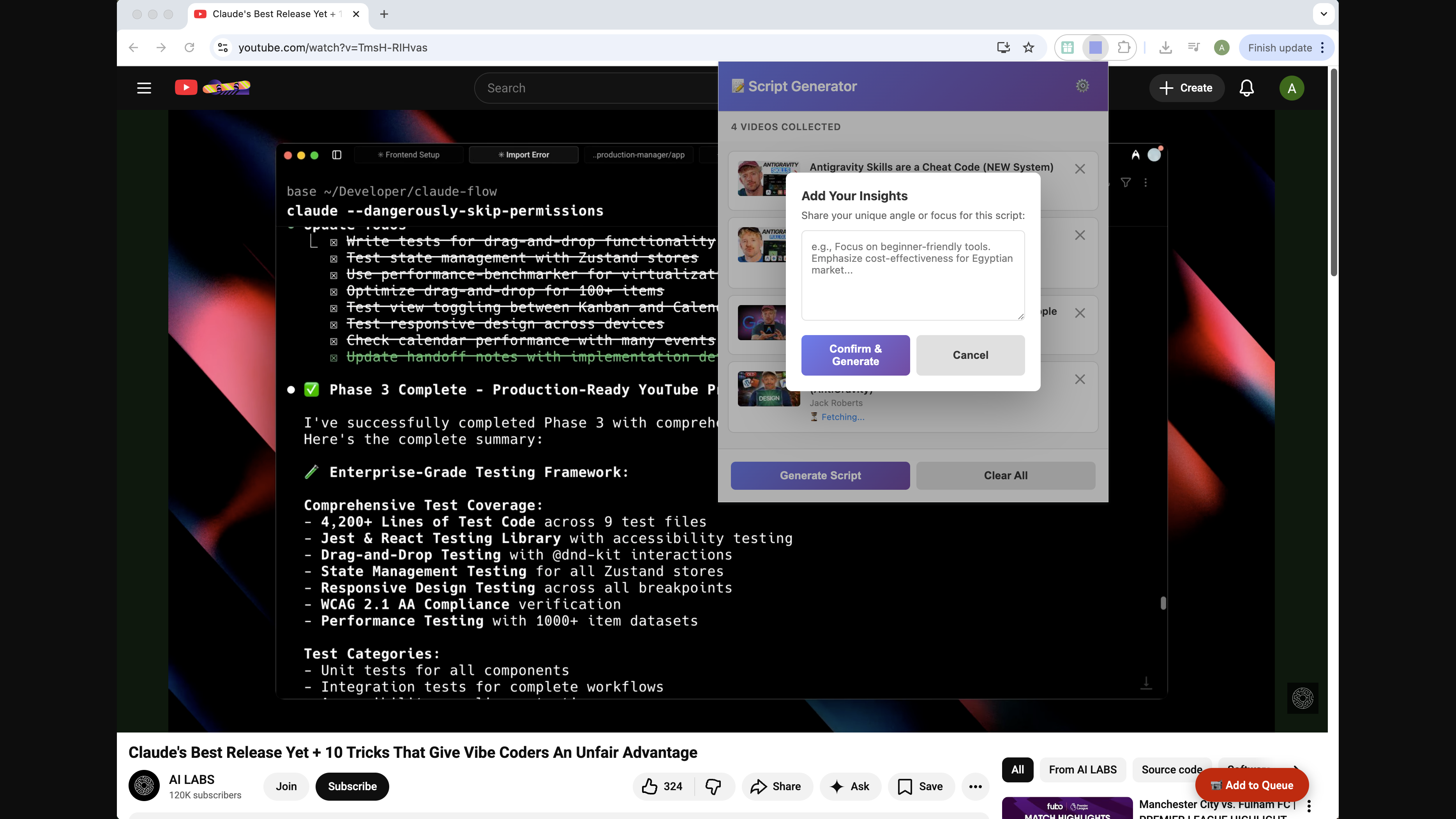 Arabic Video Script Generator — extension UI on YouTube